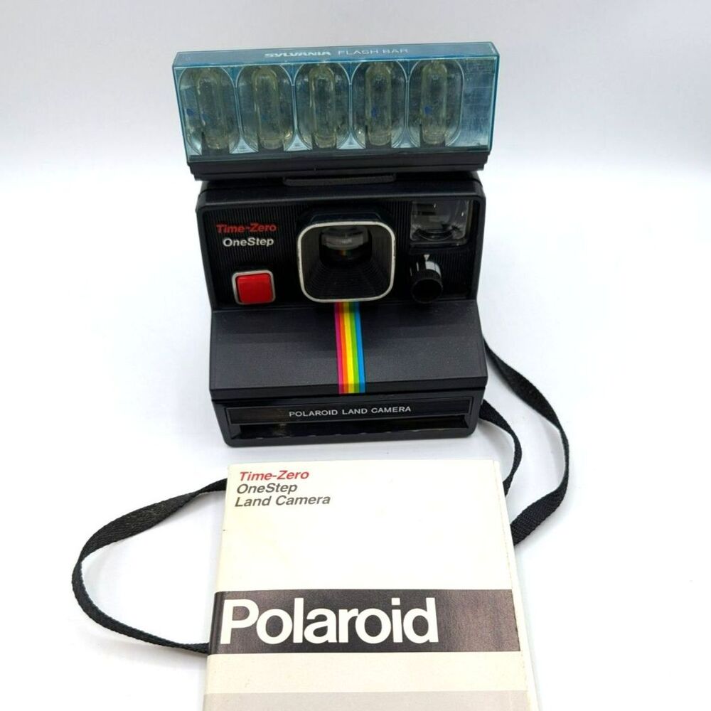 VTG Polaroid TimeZero OneStep Land Instant Camera Flash Manual Rainbow Stripe